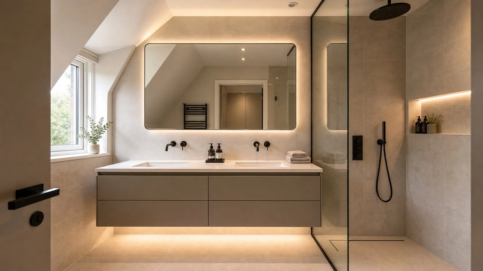 Completed Hendon bathroom with double vanity and walk-in shower