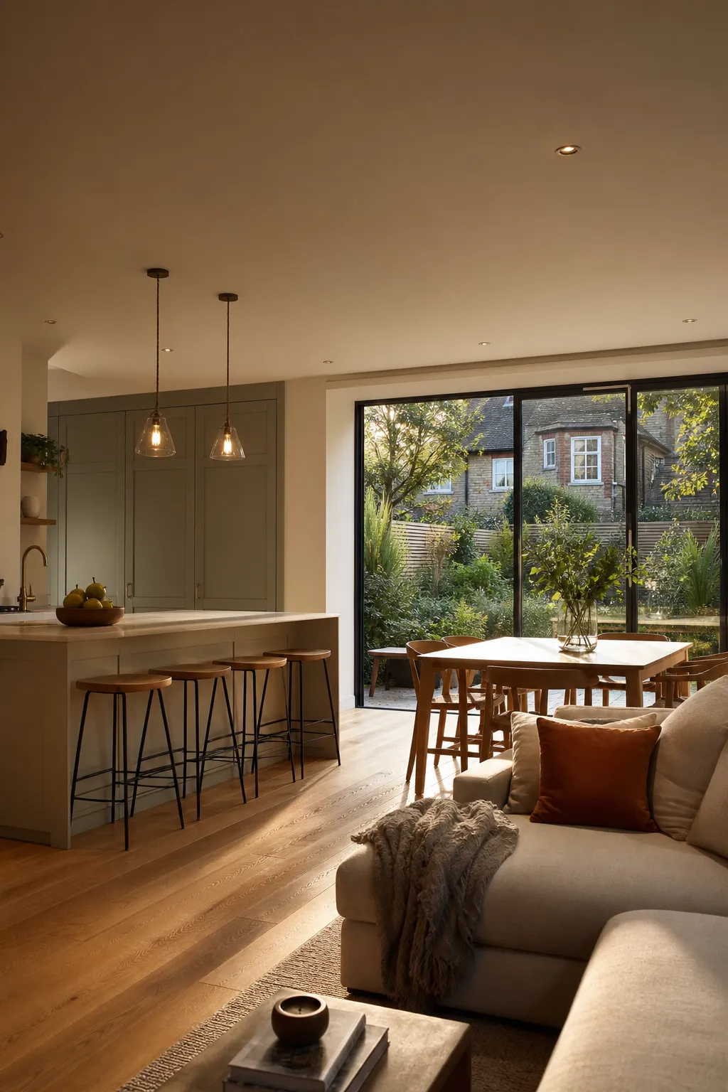 Warm open-plan kitchen, dining, and living space opening onto a London garden