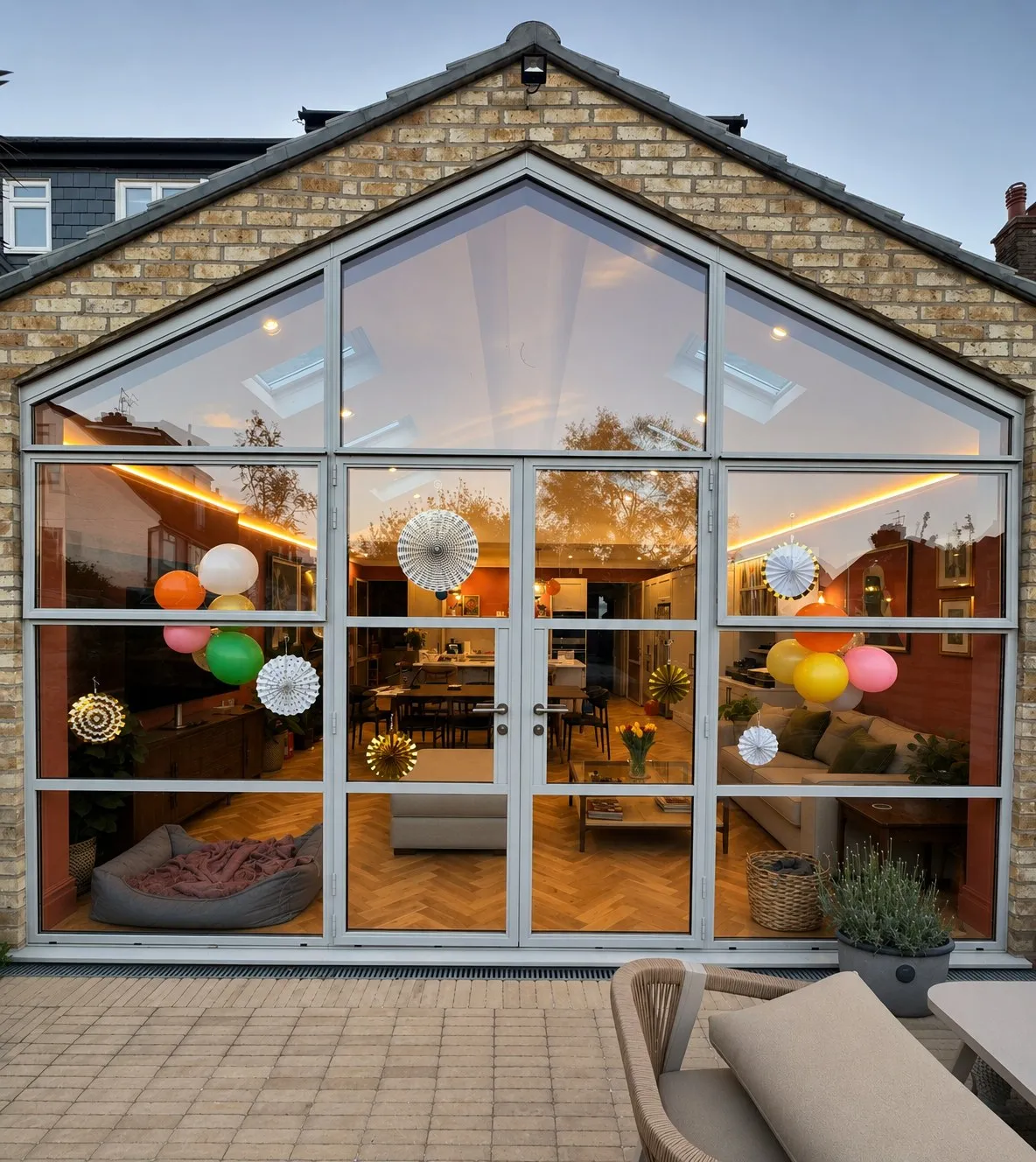 Completed full-height glazed extension viewed from the terrace