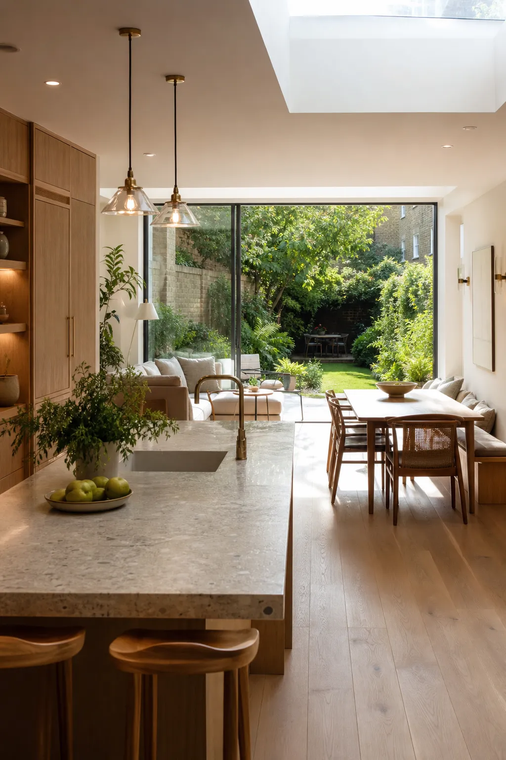 Warm open-plan kitchen and dining extension opening onto a green rear garden
