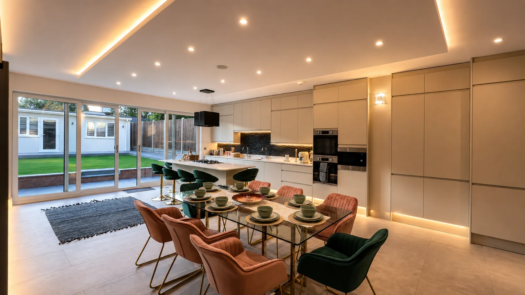 Open-plan kitchen and dining room with garden-facing glazing