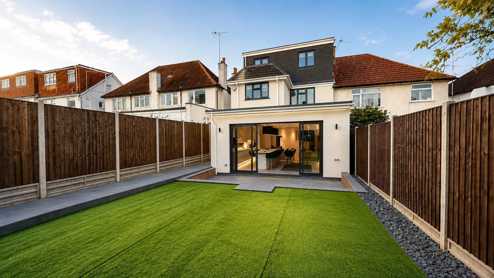 Completed Hendon family home and rear extension viewed across the garden