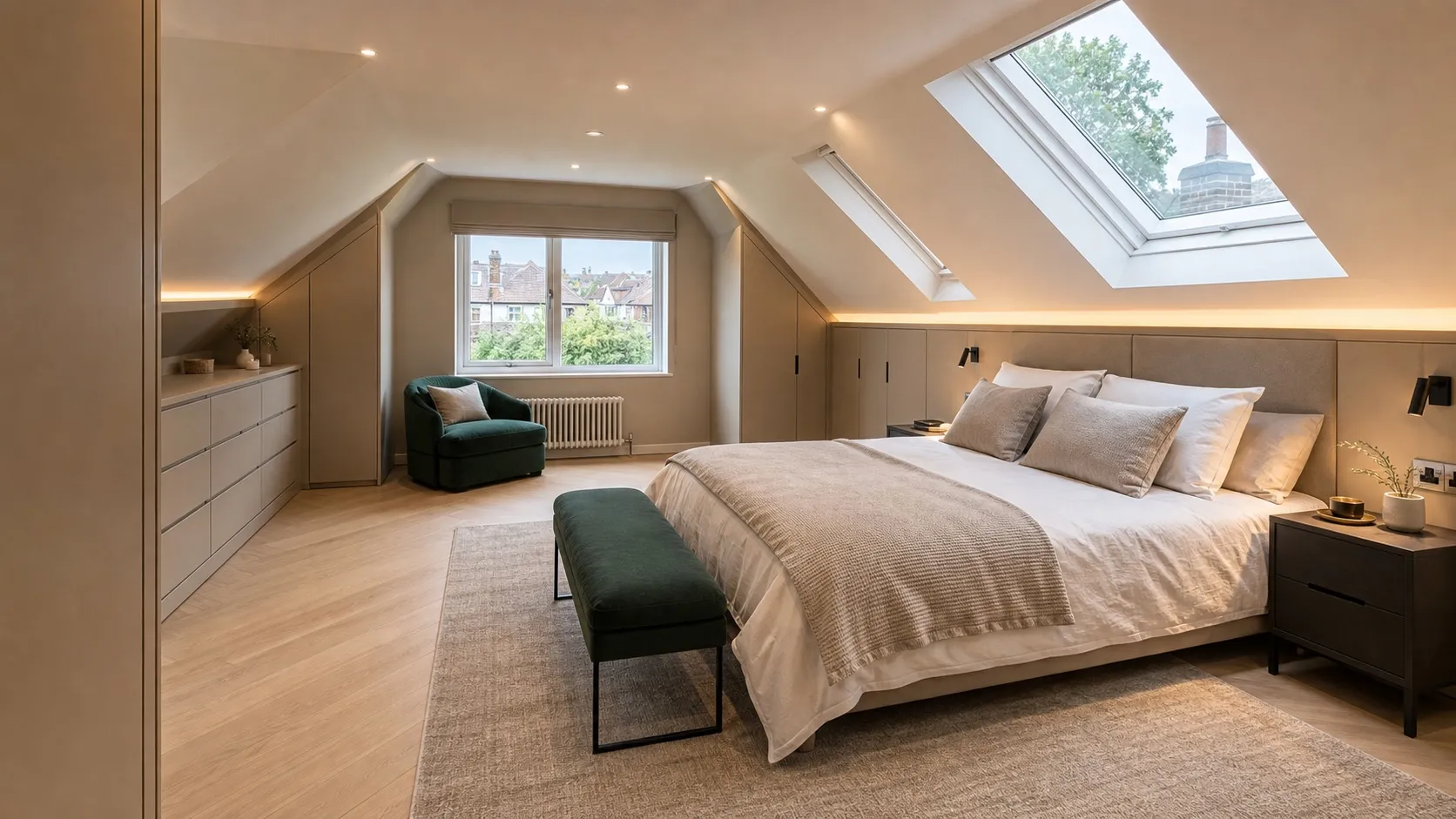 Completed Hendon loft-conversion bedroom with rooflights and fitted storage