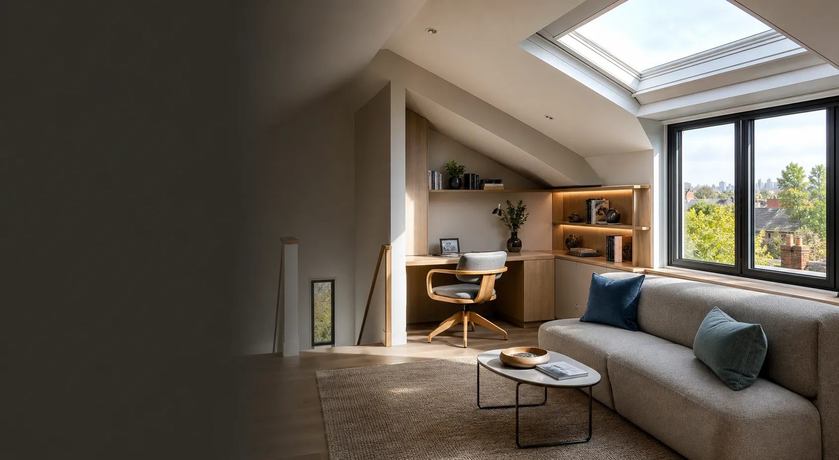 Finished loft lounge and study with bespoke joinery and elevated London views