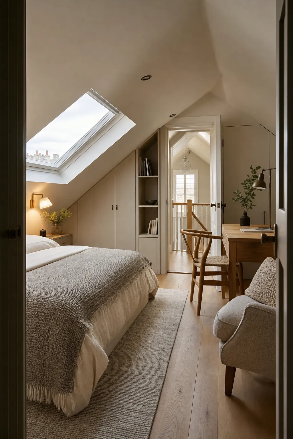 Finished loft guest room with a rooflight, fitted eaves storage, and a writing desk