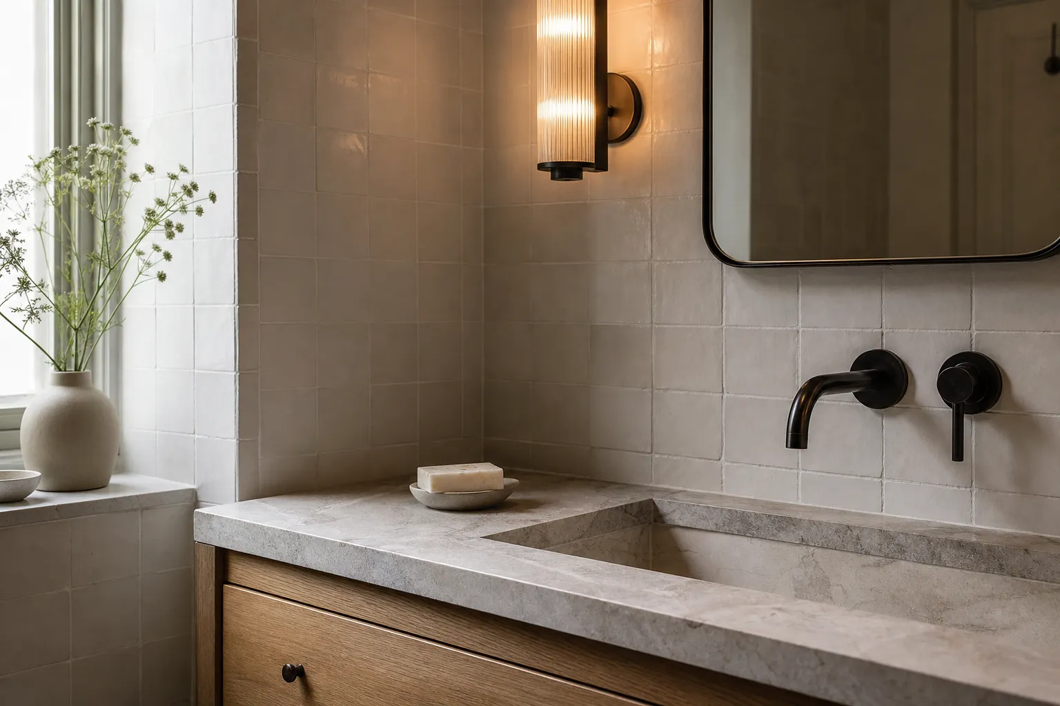 Bathroom vanity with handmade tiles, stone, oak, and bronze fittings