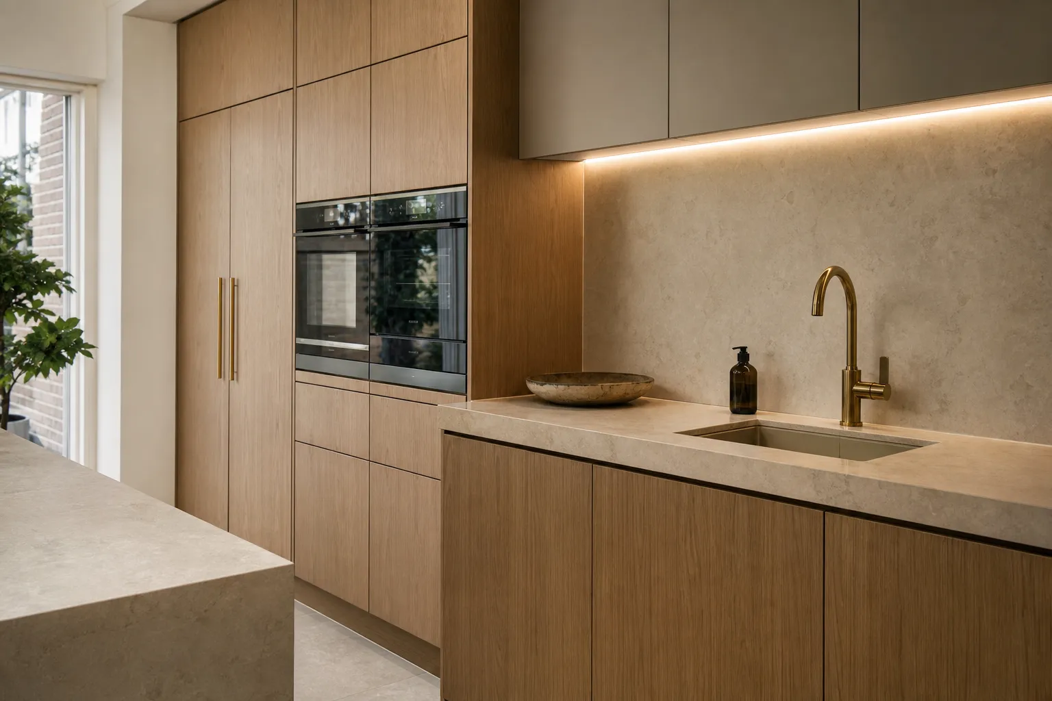 Bespoke oak kitchen joinery with stone surfaces and integrated appliances