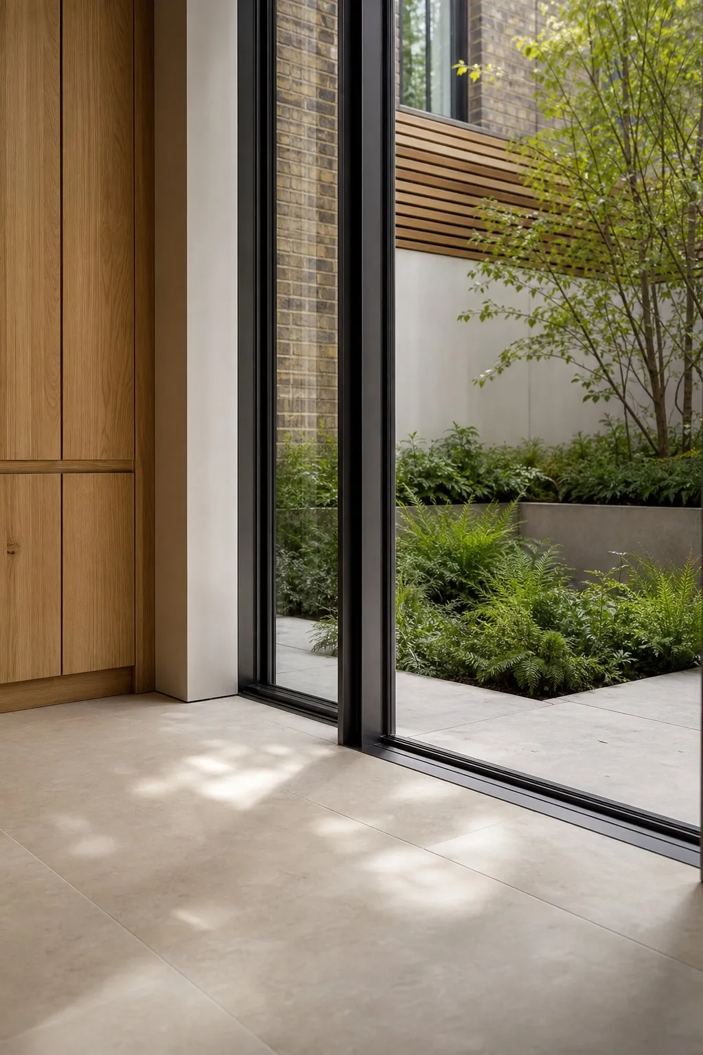 New-build living space meeting a landscaped courtyard through full-height glazing