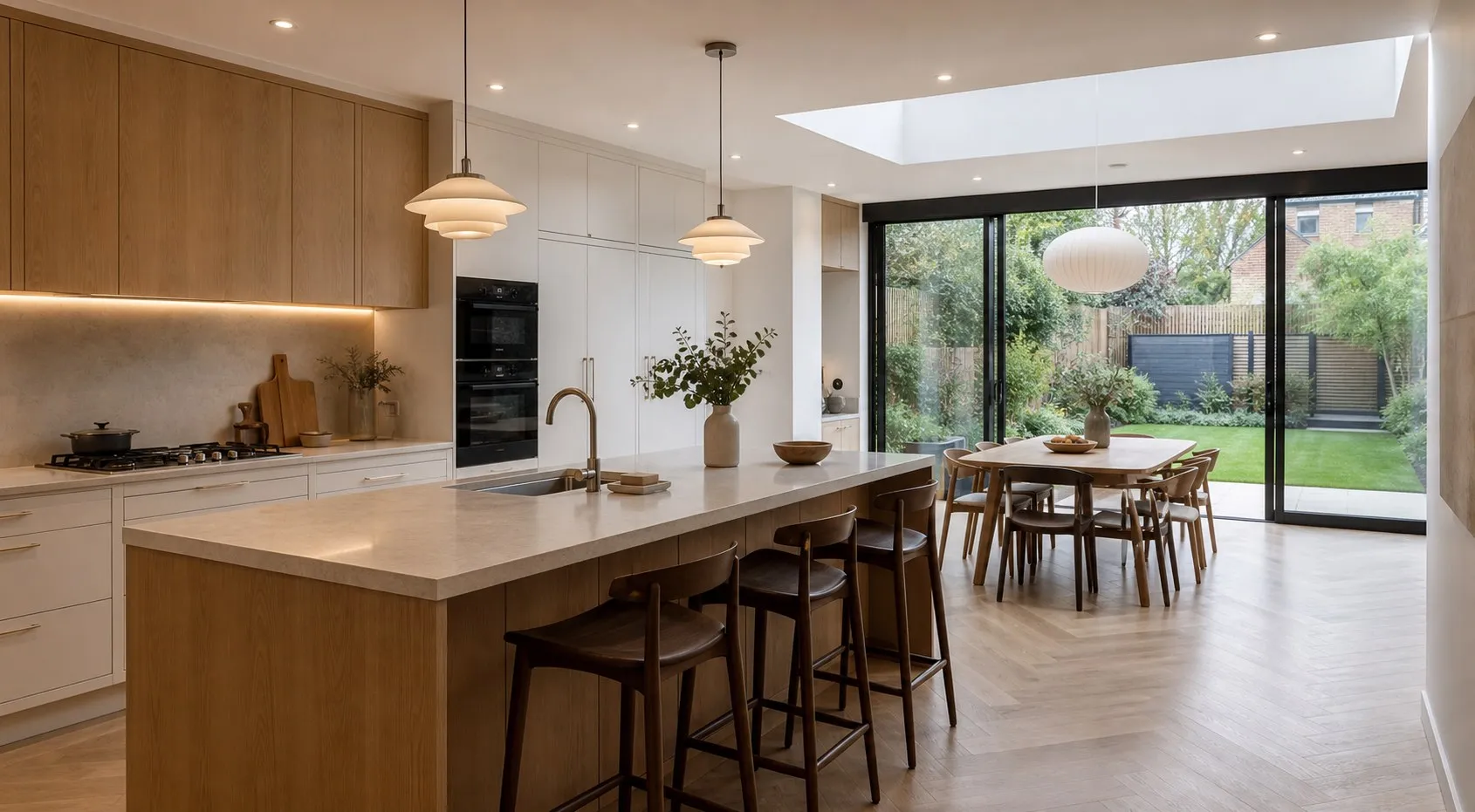 New-build kitchen and dining space opening onto a landscaped garden