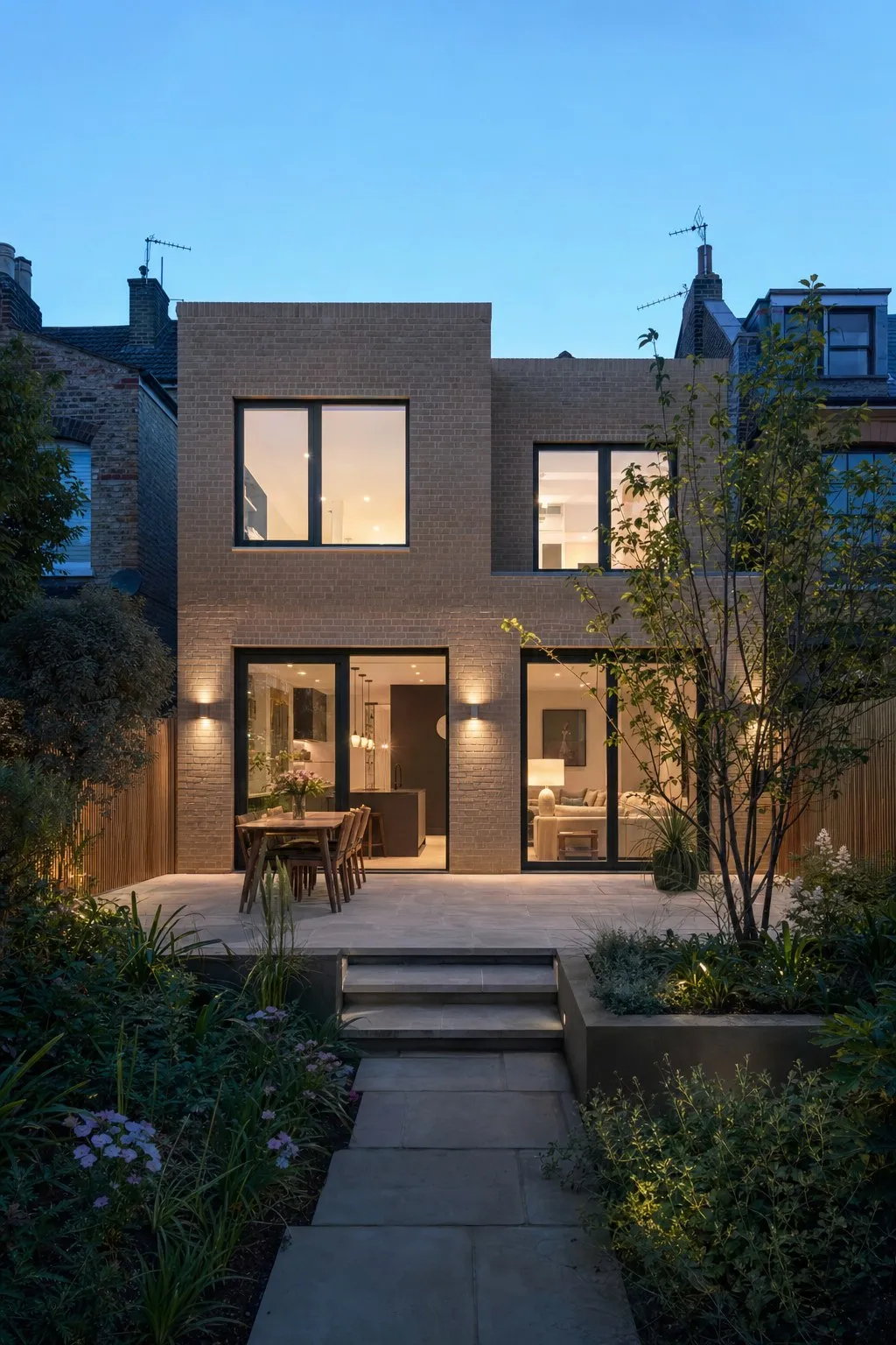 Newly completed home viewed from its landscaped rear garden at dusk