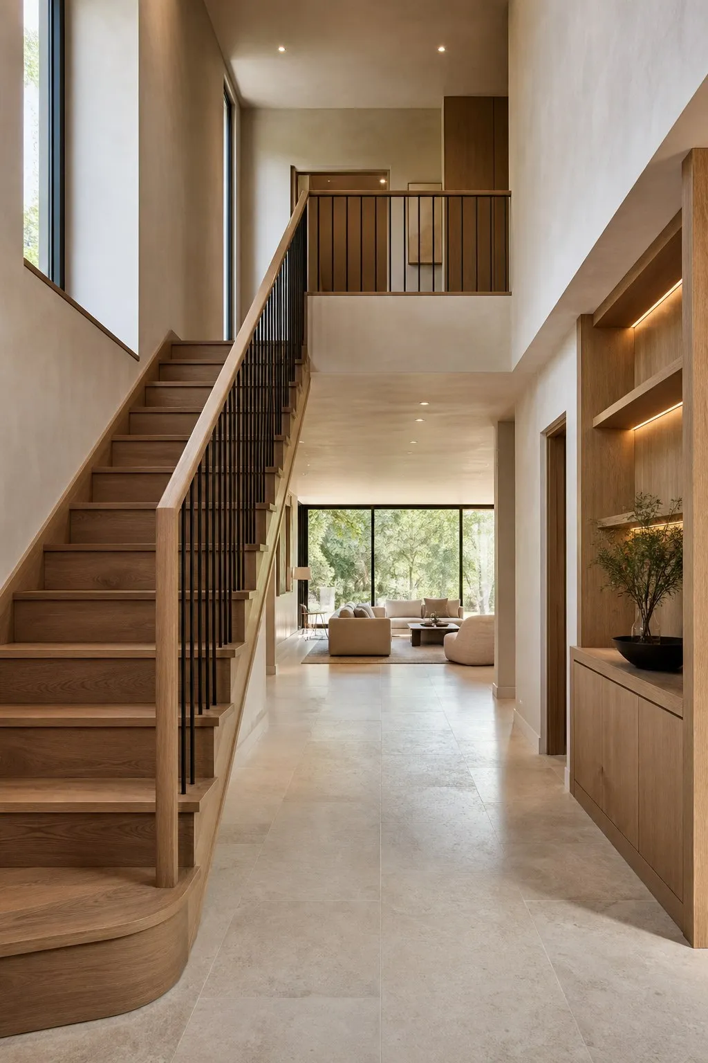 New-build entrance hall with an oak staircase, fitted joinery, and stone flooring