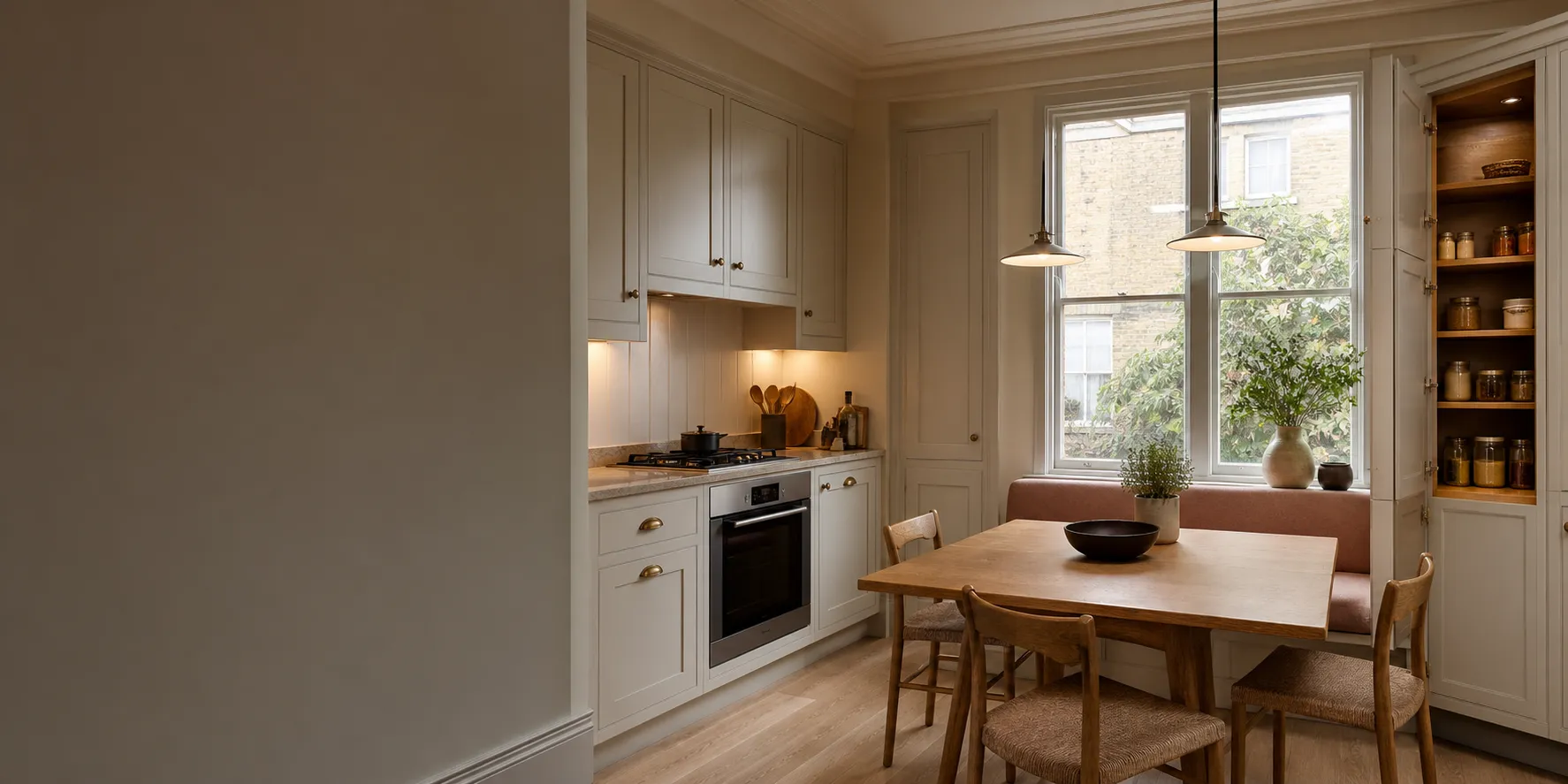 Refurbished compact kitchen and dining room with tailored storage and a window banquette