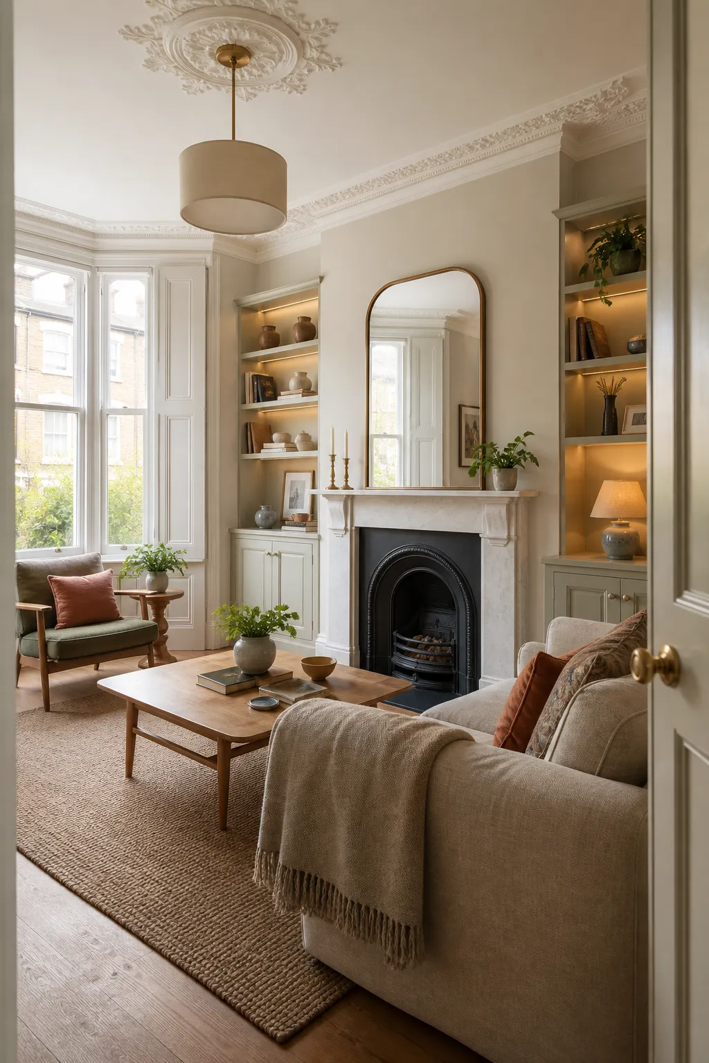 Refurbished period living room with a restored fireplace, fitted shelving, and renewed finishes