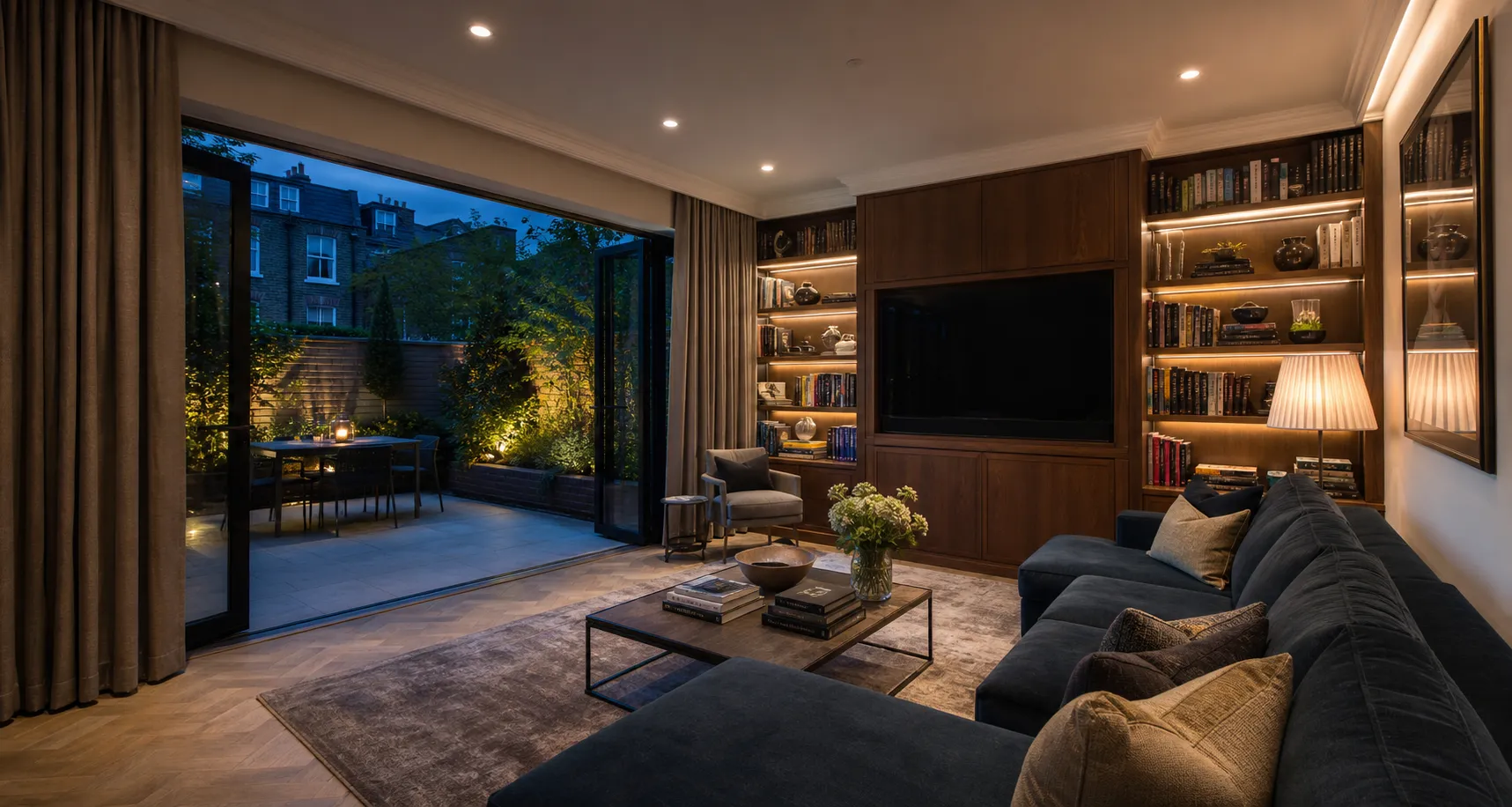 Completed garden lounge with bespoke library joinery and a softly lit terrace