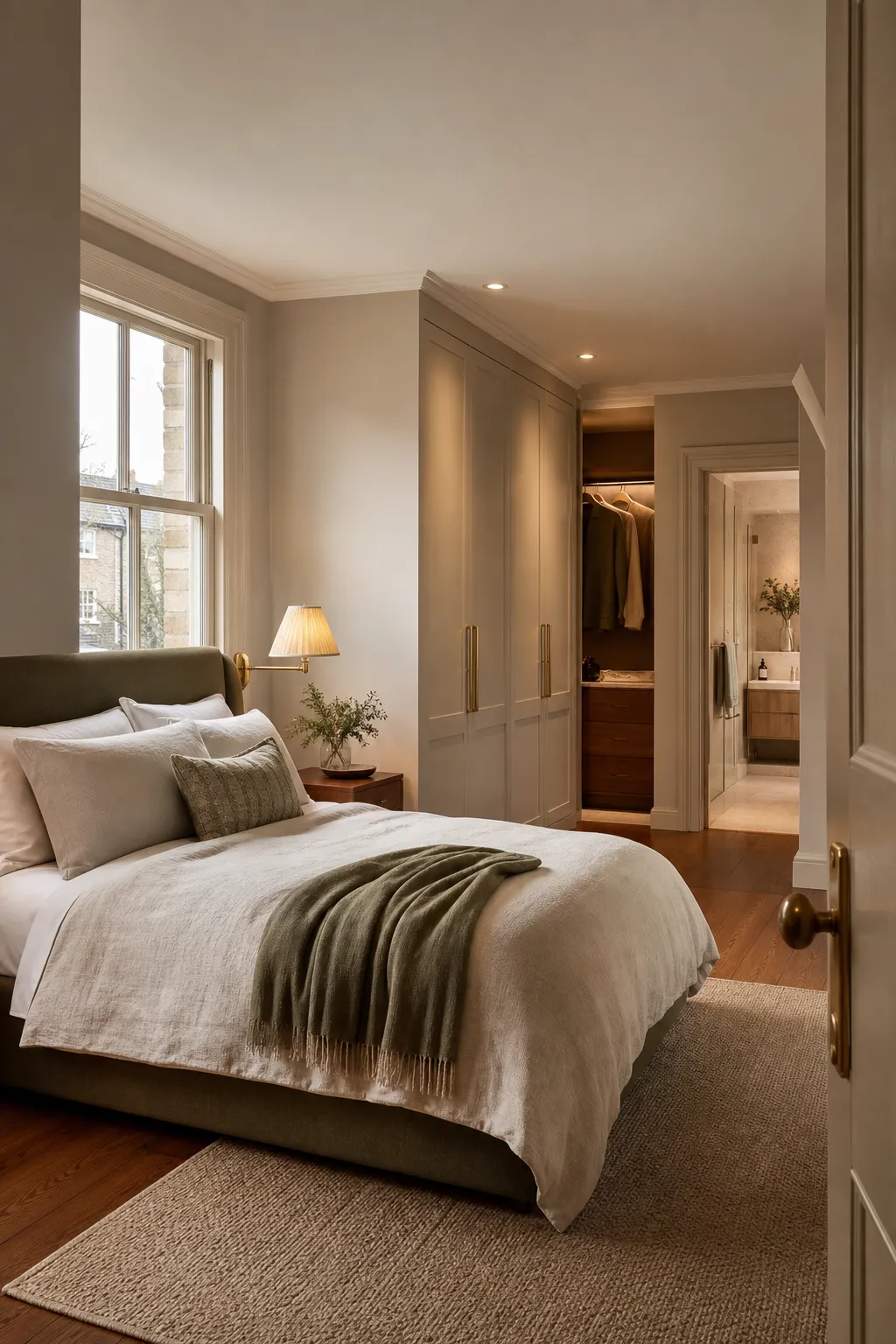Renovated principal bedroom with fitted wardrobes, dressing space, and an ensuite