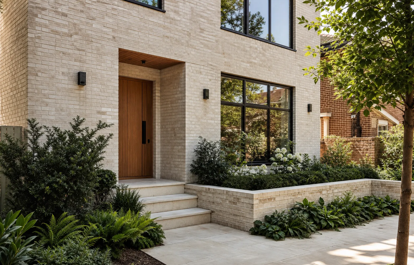 Contemporary pale-brick London home with a landscaped entrance