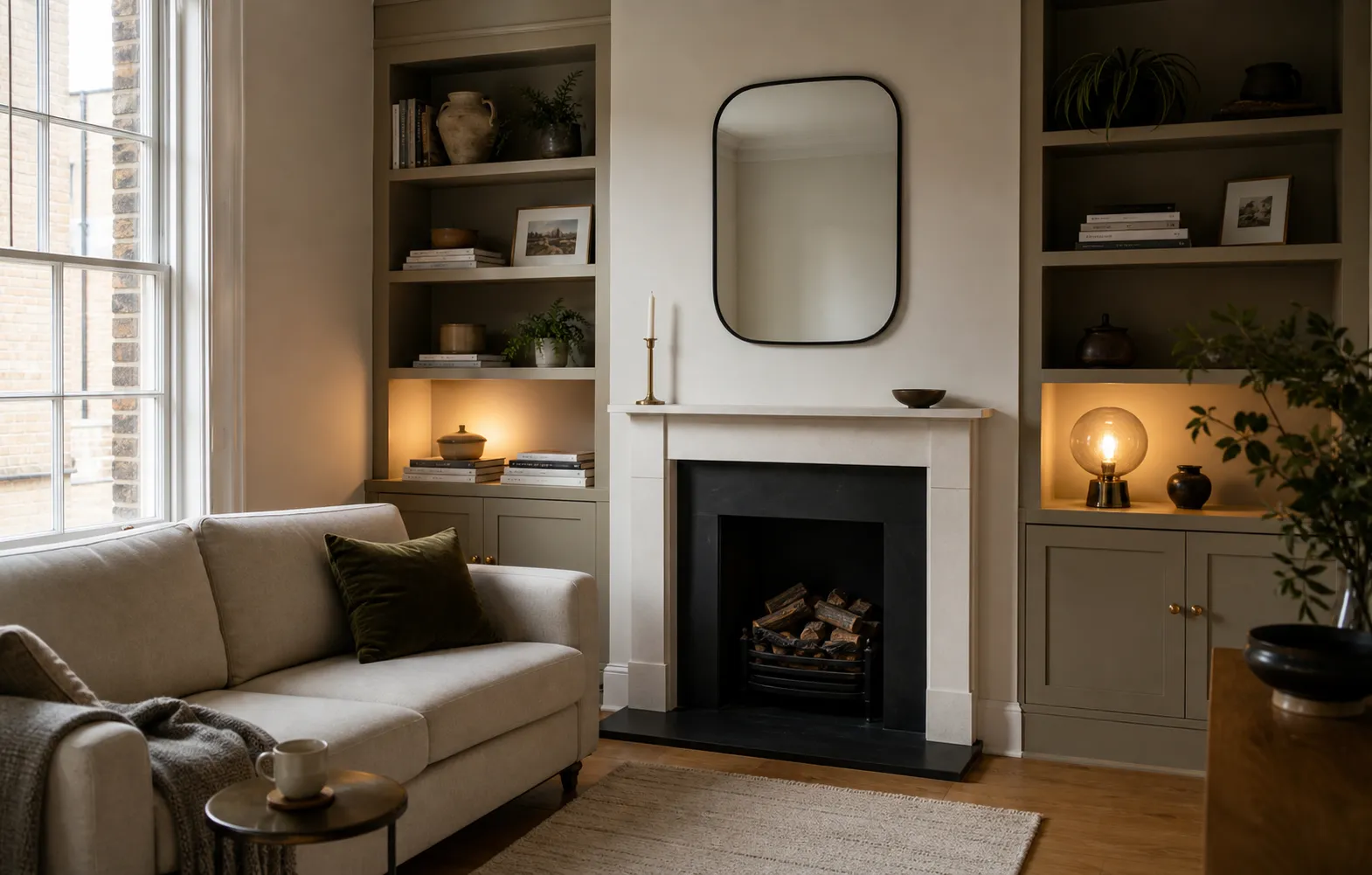 Refurbished living room with fitted shelving and a restored fireplace